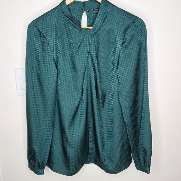 NWT ANN TAYLOR Emerald Green Houndstooth Check Women's Longsleeve Blouse Size XS - Picture 1 of 11